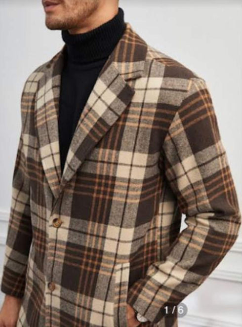 Mens Plaid Overcoat - Hounstooth Checker Pattern Topcoat - Multi-color