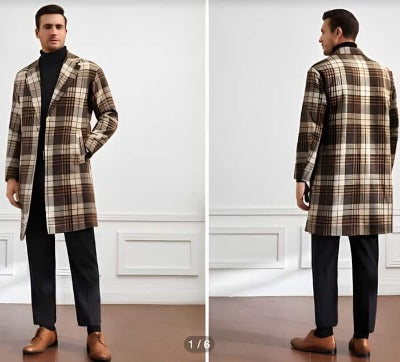 Mens Plaid Overcoat - Wool Peacoat - Plaid Topcoats