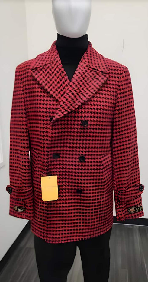 Mens Plaid Overcoat - Wool Peacoat - Plaid Topcoats Red