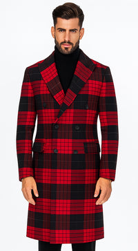 Mens Plaid Overcoat - Wool Peacoat - Red Plaid Topcoats
