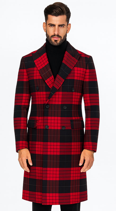 Mens Plaid Overcoat - Wool Peacoat - Red Plaid Topcoats