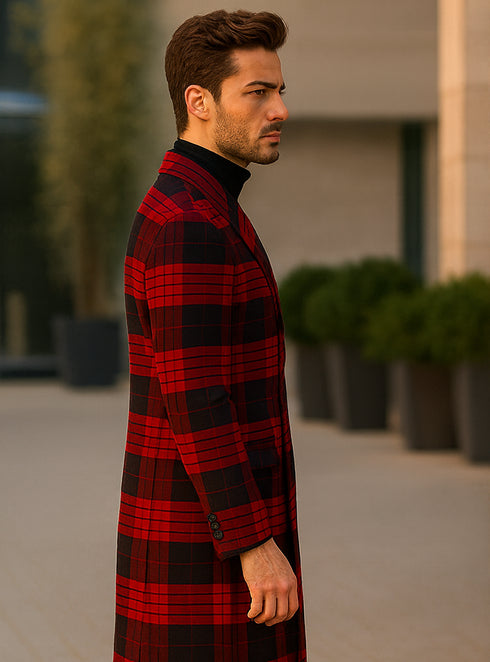 Mens Plaid Overcoat - Wool Peacoat - Red Plaid Topcoats