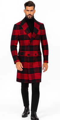 Mens Plaid Overcoat - Wool Peacoat - Red Plaid Topcoats