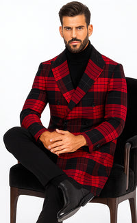 Mens Plaid Overcoat - Wool Peacoat - Red Plaid Topcoats