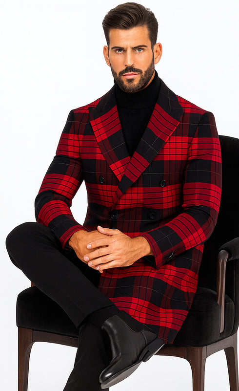 Mens Plaid Overcoat - Wool Peacoat - Red Plaid Topcoats