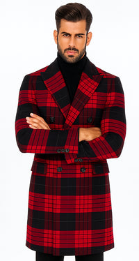 Mens Plaid Overcoat - Wool Peacoat - Red Plaid Topcoats