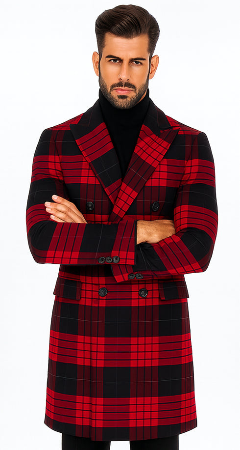 Mens Plaid Overcoat - Wool Peacoat - Red Plaid Topcoats