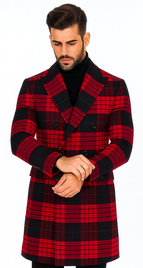 Mens Plaid Overcoat - Wool Peacoat - Red Plaid Topcoats