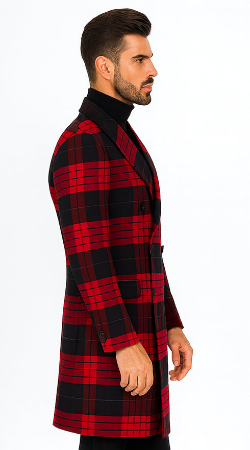 Mens Plaid Overcoat - Wool Peacoat - Red Plaid Topcoats