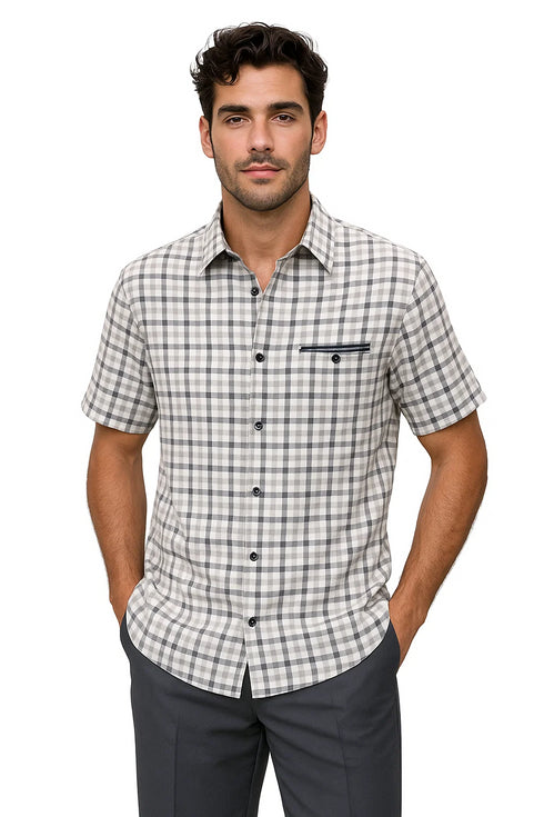 Mens Plaid Walking Suit in Grey by Dreams by Zacchi – 2 Piece Leisure Outfit with Matching Shirt and Pants - $99