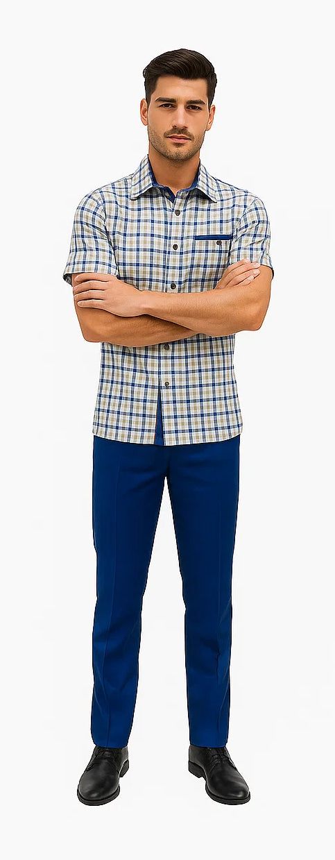 Mens Plaid Walking Suit in royal by Dreams Zacchi – 2 Piece Leisure Outfit with Matching Shirt- and pant -$99