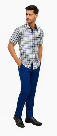 Mens Plaid Walking Suit in royal by Dreams Zacchi – 2 Piece Leisure Outfit with Matching Shirt- and pant -$99