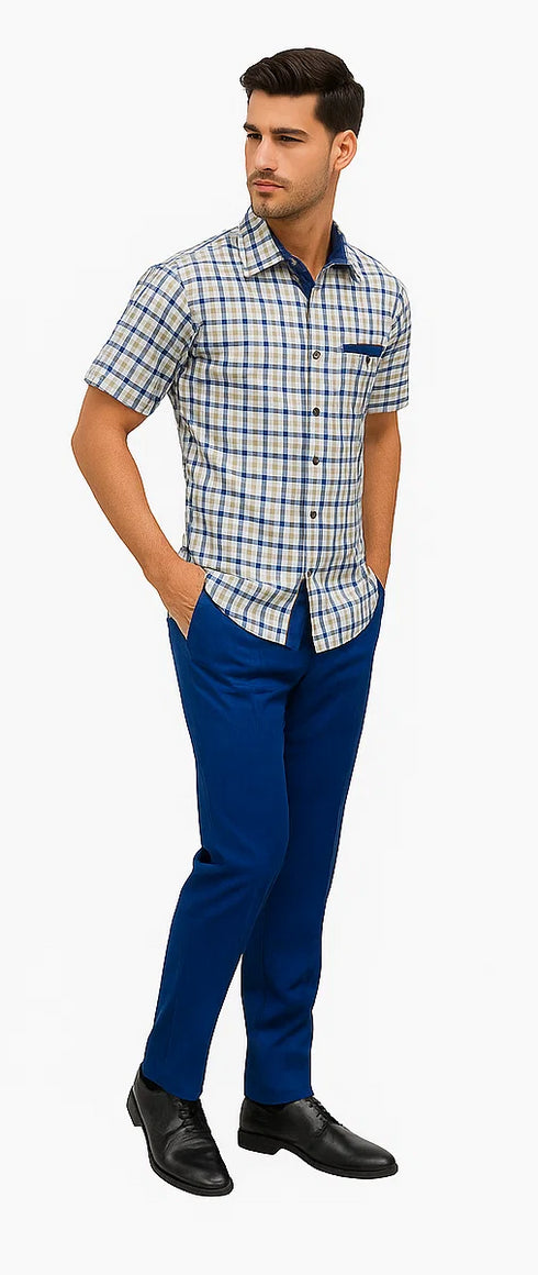 Mens Plaid Walking Suit in royal by Dreams Zacchi – 2 Piece Leisure Outfit with Matching Shirt- and pant -$99