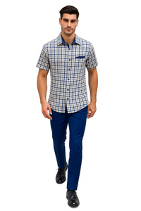 Mens Plaid Walking Suit in royal by Dreams Zacchi – 2 Piece Leisure Outfit with Matching Shirt- and pant -$99