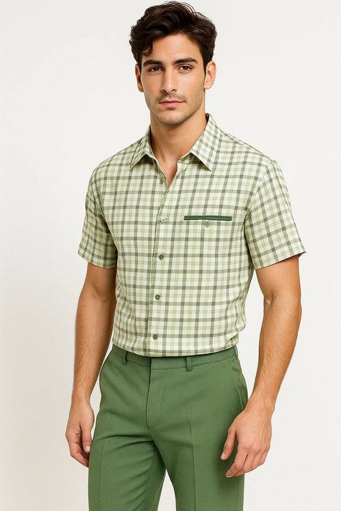 Mens Plaid Walking Suit in sage by Dreams by Zacchi – 2 Piece Leisure Outfit with Matching Shiirt and pant -$99