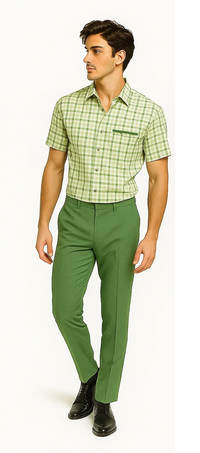 Mens Plaid Walking Suit in sage by Dreams by Zacchi – 2 Piece Leisure Outfit with Matching Shiirt and pant -$99