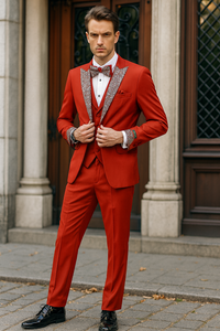 Men’s Red And White Lapel Three-Piece Tuxedo with Sequin Lapel and Matching Bow Tie - Chirstmas Suit
