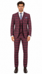 Mens Red Burgundy Plaid 3-Piece Suit – Classic Checkered Modern Fit Suit for Weddings, Church and Formal Events