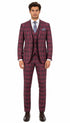 Mens Red Burgundy Plaid 3-Piece Suit – Classic Checkered Modern Fit Suit for Weddings, Church and Formal Events