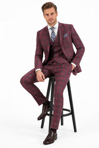 Mens Red Burgundy Plaid 3-Piece Suit – Classic Checkered Modern Fit Suit for Weddings, Church and Formal Events