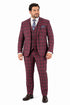 Mens Red Burgundy Plaid 3-Piece Suit – Classic Checkered Modern Fit Suit for Weddings, Church and Formal Events
