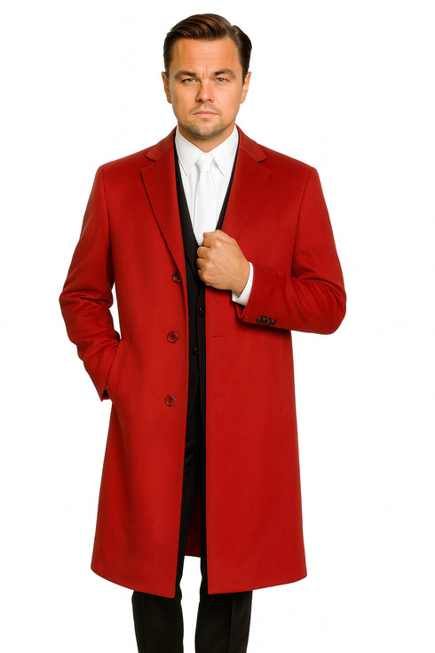 Three Buttons Red Wool Fabric Overcoat / Long men's Dress Topcoat - Winter coat