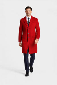 Mens Red Pea Coat-Three Quarter Wool Car Coat