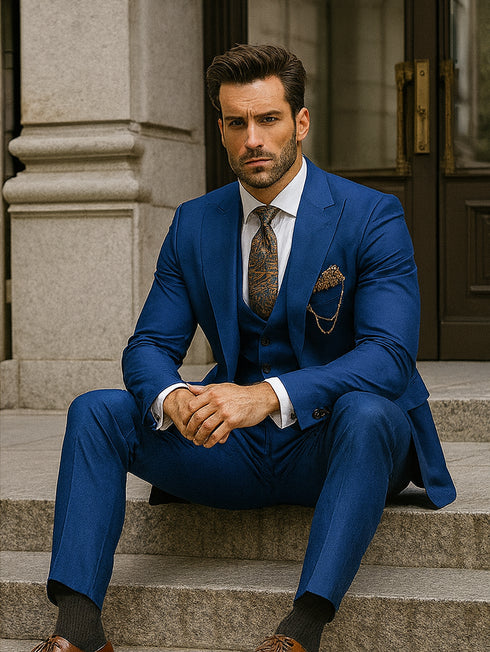 Classic Royal Blue Suit with Chain Detail – Groom & Formal Wear
