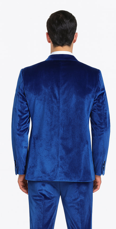 Men’s Royal Blue Velvet Peak Lapel Suit – 2-Piece Skinny Fit Designer Formalwear by Tazzio