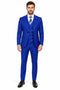Men's Royal Blue Statement Ticket Pocket Peak Lapel Wool Double Breasted Vest Suit with Silver Buttons – Modern Fit