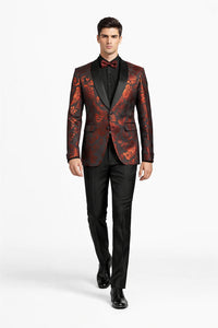 Mens Paisley Velvet Foil Smoking Jacket Tuxedo in Red