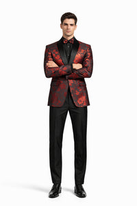 Mens Paisley Velvet Foil Smoking Jacket Tuxedo in Red