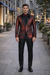 Mens Paisley Velvet Foil Smoking Jacket Tuxedo in Red