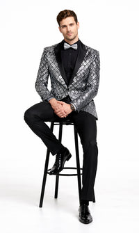 Mens Silver ~ Black 1 Button Peak Lapel Slim Fit Sequin Shiny