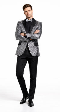Mens Silver ~ Black 1 Button Peak Lapel Slim Fit Sequin Shiny