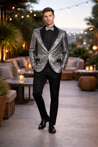 Mens Silver ~ Black 1 Button Peak Lapel Slim Fit Sequin Shiny