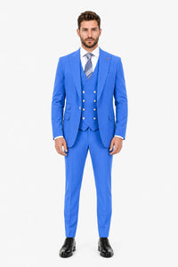 Men's Sky Blue Statement Ticket Pocket Peak Lapel Wool Double Breasted Vest Suit with Silver Buttons – Modern Fit
