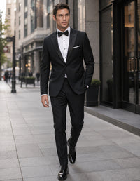 Mens Designer Kenneth Cole Slim Fit One Button Peak Tuxedo in Black - Mens Slim Fitted Tuxedo