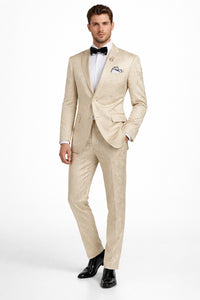 Men's Slim Fit Shiny Paisley Prom & Wedding  Beige Suit