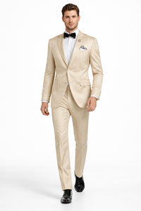 Men's Slim Fit Shiny Paisley Prom & Wedding  Beige Suit