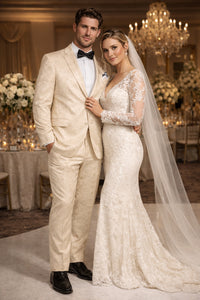 Men's Slim Fit Shiny Paisley Prom & Wedding  Beige Suit