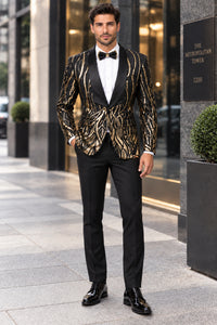 Mens Black Sport Coat - Mens Square Shawl Lapel Black & Gold Sequin Prom Tuxedo Jacket