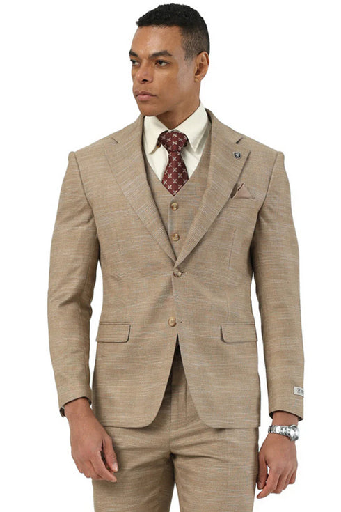 Marc Darcy Wedding Suits Men's Stacy Adams Vested Sharkskin Pattern Business Suit in Tan