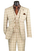 Marc Darcy Wedding Suits Men's Summer Windowpane Plaid Suit with Double Breasted Vest in Khaki Tan