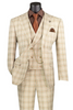 Marc Darcy Wedding Suits Men's Summer Windowpane Plaid Suit with Double Breasted Vest in Khaki Tan
