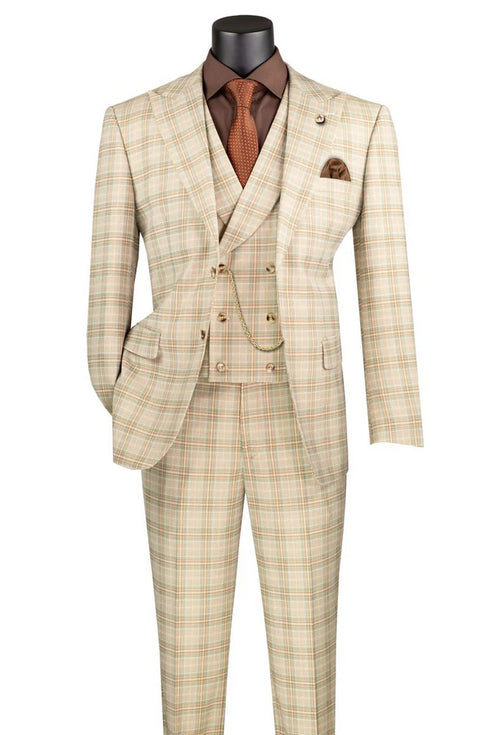 Marc Darcy Wedding Suits Men's Summer Windowpane Plaid Suit with Double Breasted Vest in Khaki Tan