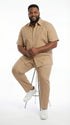 Mens Tan Embroidered Walking Suit Set – Short Sleeve Shirt and Pants Casual Summer Outfit for Vacation, Beach in khaki Beige Color