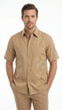 Mens Tan Embroidered Walking Suit Set – Short Sleeve Shirt and Pants Casual Summer Outfit for Vacation, Beach in khaki Beige Color