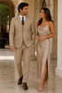Men’s Tan Plaid 3-Piece Tailored Fit Suit with Vest