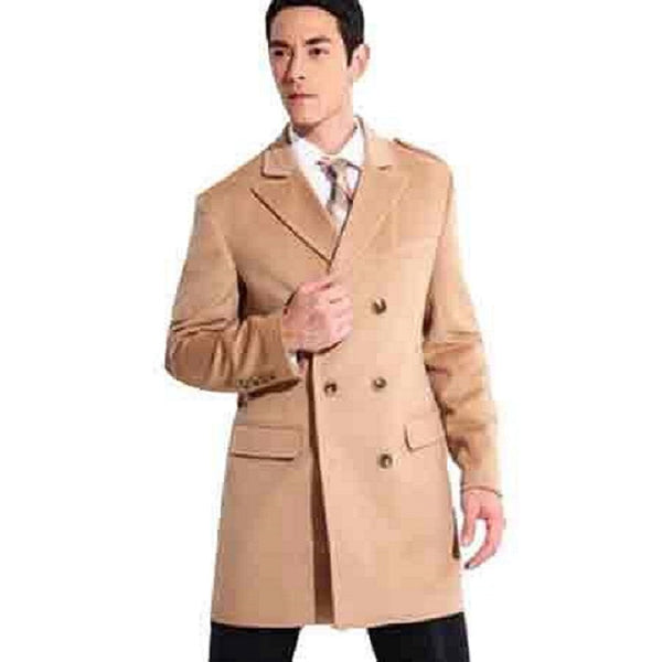 COAT CASHMERE WIDE PEAK LAPEL BEIGE PEACOAT MENS